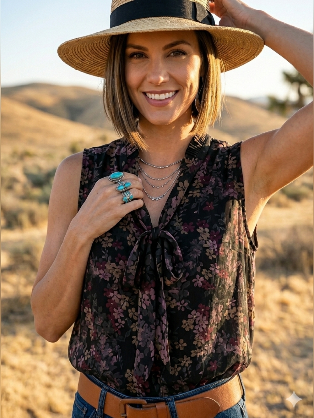 Lauren Ralph Lauren Floral Tie-Neck Sleeveless Blouse L Black